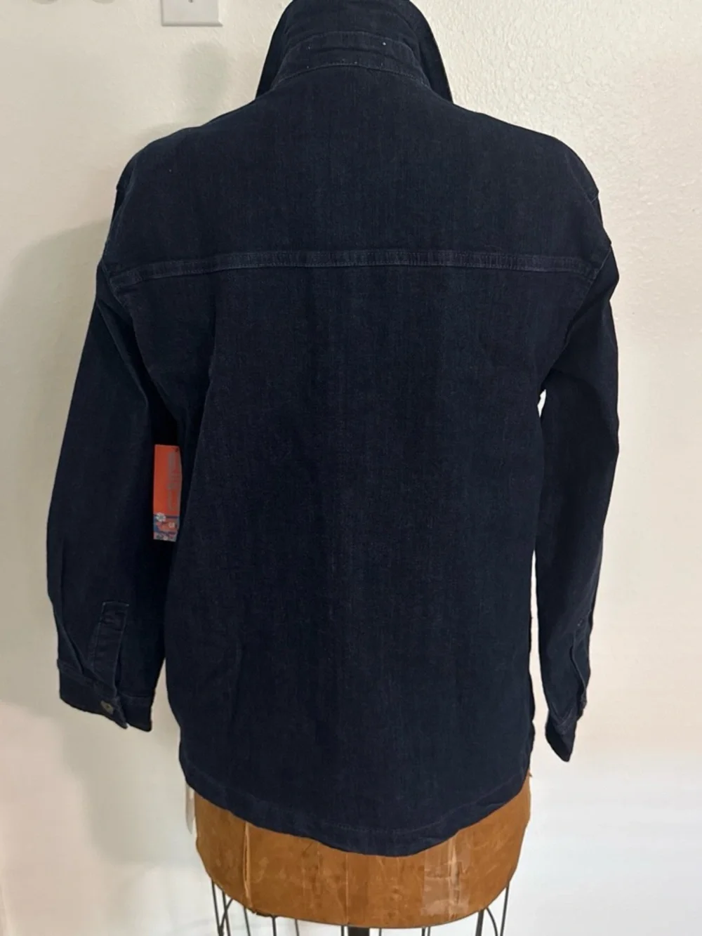 NWT Bunulu Women's Dark Blue Denim Jacket with Brown Collar Size S